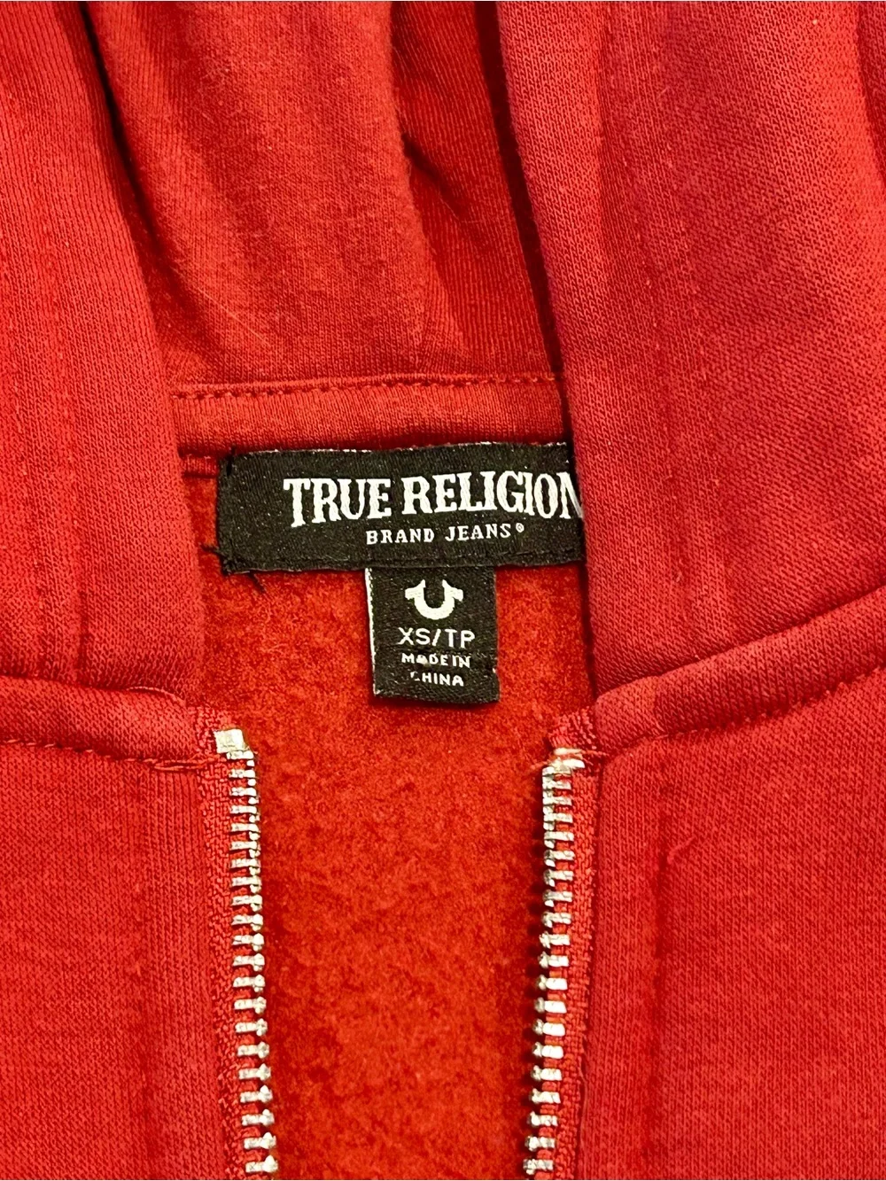True Religion Crystal Patch Varsity Hoodie - Red Dahlia Cropped Zip Up XS